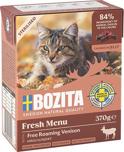 BOZITA Katzen-Nassfutter Sterilised Häppchen in Gelee mit Hirsch